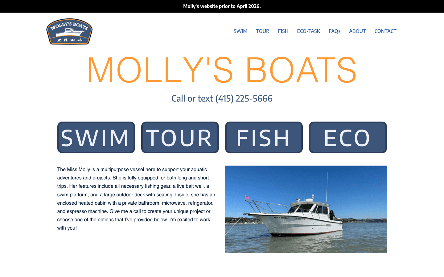 Molly’s Boats website as it was before April 2026, under a banner reading “Molly’s website prior to April 2026”: the logo, a phone number, and four buttons reading Swim, Tour, Fish, and Eco at the top of one long page.