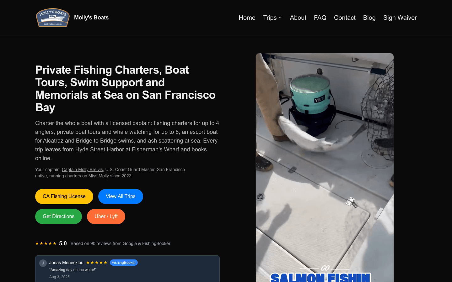 Molly’s Boats website today: a headline naming private fishing charters, boat tours, swim support, and memorials on San Francisco Bay, with a 5.0 rating from 90 reviews below it.